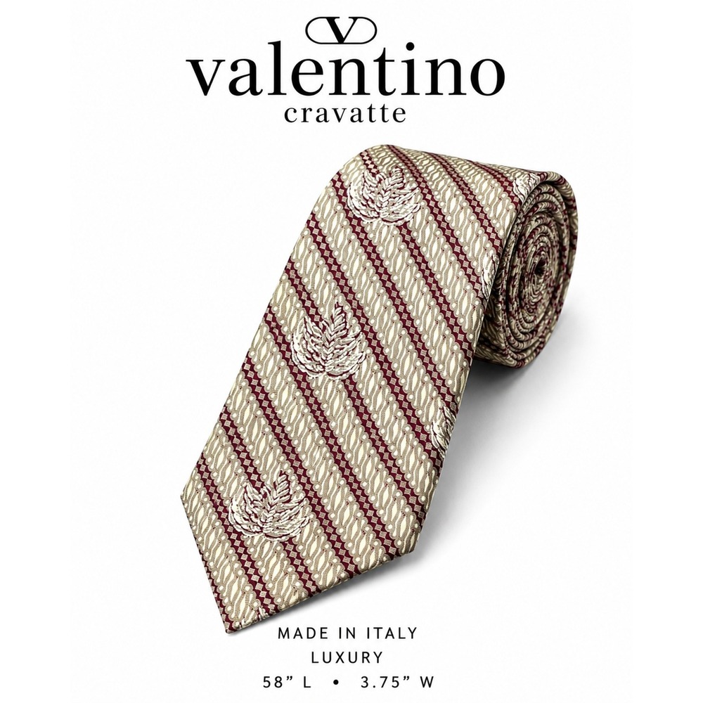 Valentino Cravatte Mens Silk Tie Burgundy Tan Striped Leaf Pattern Made in Italy